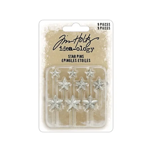 Tim Holtz Idea-Ology Christmas Star Pins - 9er Set Sternnadeln in Silber mit Originalverpackung