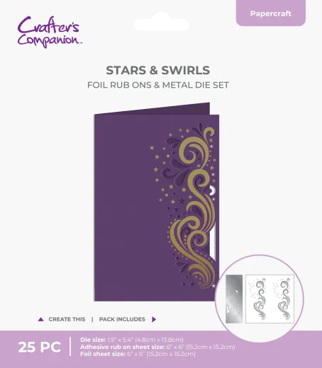 Lila Klappkarte mit goldenem Sterne-Schwung-Motiv aus Folienveredelung und Stanzform, daneben die Rub-On- und Folienbögen im Detail.