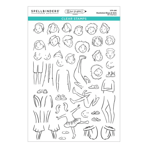 Stempelbogen zeigt Kindergesichter sowie Figuren in Bewegung, u. a. ein springendes und ein tanzendes Kind.