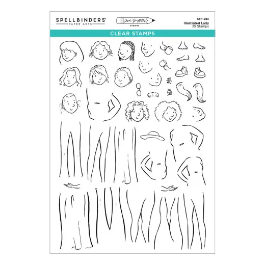 Stempelbogen zeigt austauschbare Gesichter, Frisuren, Beine und Körperteile zum modularen Zusammenstellen einer illustrierten Frauenfigur.