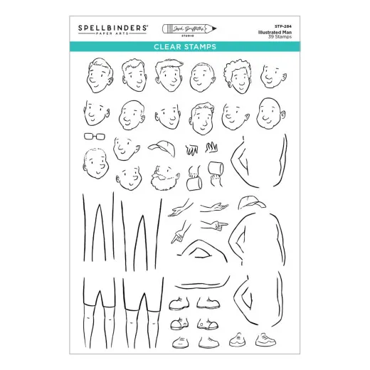 Stempelbogen zeigt austauschbare Gesichter, Frisuren, Beine und Schuhe zum modularen Zusammenstellen einer illustrierten Männerfigur.