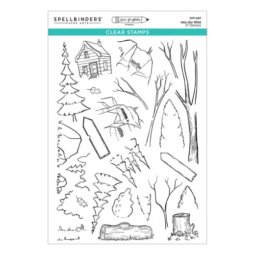 Stempelbogen zeigt Landschaftselemente wie Hütte, Tannen, Felsen, Baumstumpf und Holzstamm mit Pilzen.