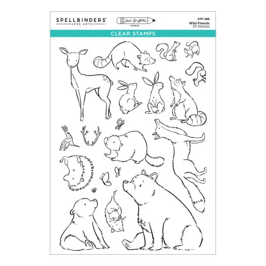Stempelbogen zeigt Waldtiere wie Reh, Waschbär, Hasen, Eichhörnchen, Bär, Igel und Fuchs im Strichzeichnungsstil.