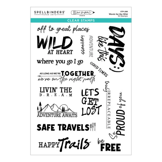 Stempelbogen mit abenteuerlichen Sprüchen wie 'Wild at Heart', 'Adventure Awaits' und 'Happy Trails' in unterschiedlichen Schriftarten.