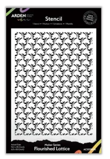 Verpackung der Schablone „Flourished Lattice“ mit floralem Gittermuster, Format 15,2x20,3cm