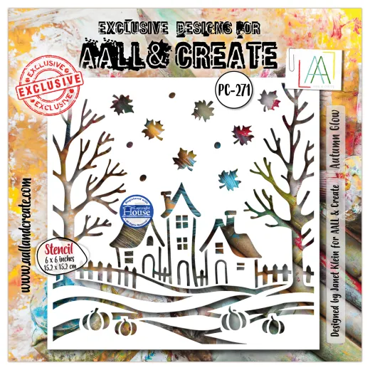 Schablone PC-271 Autumn Glow mit Häusern, kahlen Bäumen, Kürbissen und fallenden Blättern, Hintergrund bunt eingefärbt