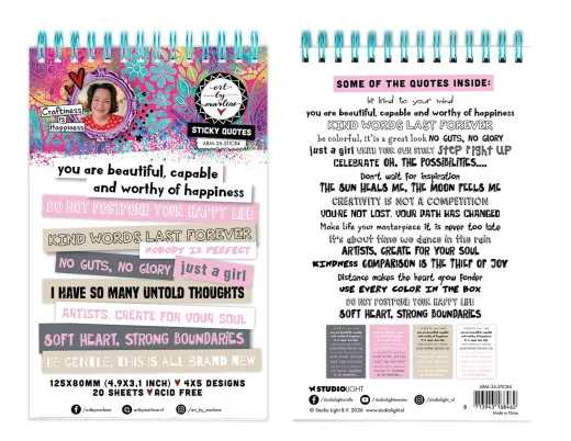 Spiralblock mit 20 Blatt Sticky Quotes in vier Designs, bedruckt mit Sprüchen wie „Kind words last forever“ und „No guts, no glory“.
