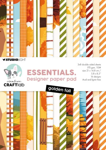 Studio Light Paper Pad Golden Fall Essentials A5, Cover mit Herbstmotiven in Orange, Rot und Grün