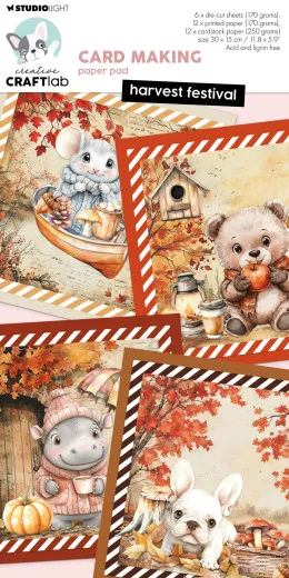 Studio Light Card Making Pad Harvest Festival mit Herbstmotiven, Maus, Bär, Nashorn und Hund in Orange- und Brauntönen