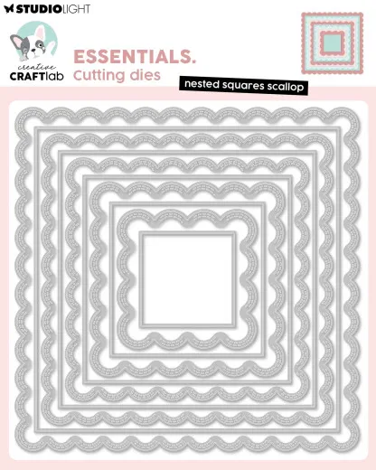 Studio Light Essentials Cutting Dies Nested Squares Scallop, 10 quadratische Stanzschablonen mit Wellenrand auf Verpackung