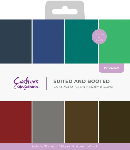 Verpackung des Crafter's Companion Suited and Booted 6x6 Card Pads mit acht einfarbigen Tonkarton-Farbtönen