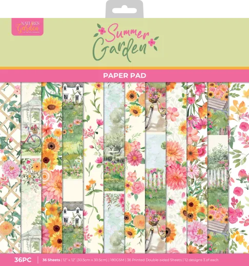 Verpackung des Summer Garden 12x12 Paper Pads mit Vorschau der 12 floralen Designs aus Blumen, Cottage-Häusern, Fahrrad und Gartenbank.