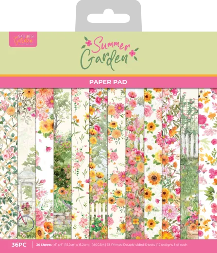 Verpackung des Nature's Garden Summer Garden 6x6 Paper Pads mit bunten Blumen- und Gartenmotiven