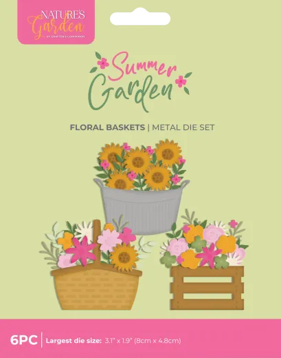Verpackung des Summer Garden Blumenkörbe-Sets mit drei Korbvarianten – Zinkeimer, Picknickkorb und Holzkiste, gefüllt mit bunten Blüten.