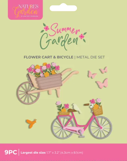 Verpackung des Summer Garden Blumenkarre & Fahrrad Sets mit blumengefüllter Schubkarre und rosa Fahrrad mit Blumenkörben.