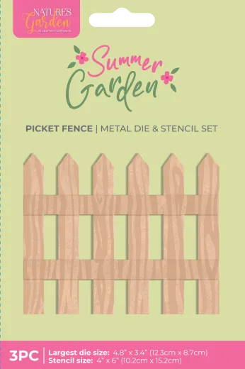 Verpackung des Summer Garden Gartenzaun-Sets mit hellbraunem Holzzaun-Motiv aus Metallstanze und Holzmaserungs-Schablone.