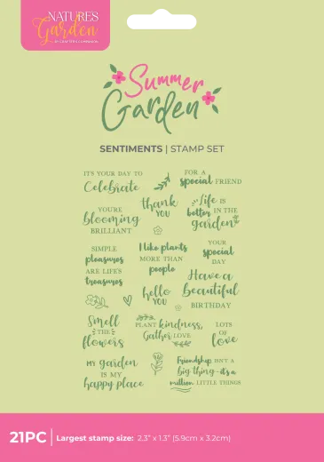 Verpackung des Summer Garden Sentiments Stempelsets mit Vorschau aller 21 Sprüche wie "Thank You" und "Smell the flowers".