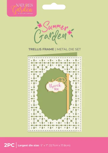 Verpackung des Summer Garden Spalier-Rahmen-Sets mit fertiger Karte, die einen durchbrochenen Spitzenrahmen mit "Thank You"-Schild zeigt.