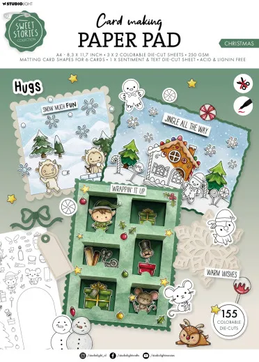 Verpackung des Studio Light Card-Making-Pads „Sweet Stories – Christmas“ mit Yeti- und Schneemann-Motiven auf Grußkarten