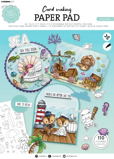 Verpackung des Studio Light Card-Making-Pads „Sweet Stories – Summer“ mit Meerjungfrau- und Otter-Motiven auf Grußkarten