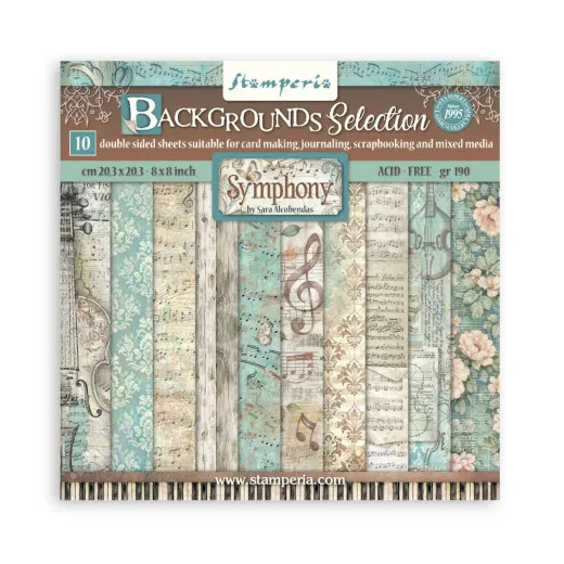 Stamperia Symphony Backgrounds Selection Paper Pack 8x8 mit Musiknoten- und Blumenmotiven