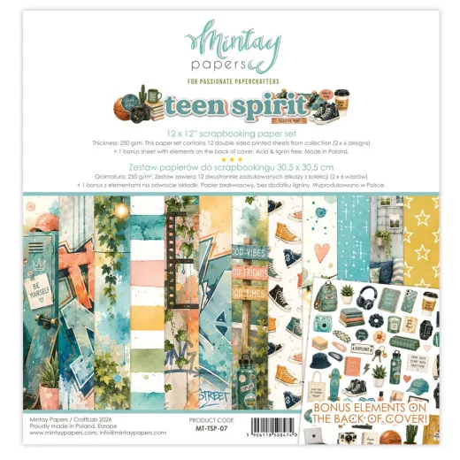 Verpackung des 12x12 Paper Pads 'Teen Spirit' mit Vorschau aller Papierdesigns und Bonuselementen auf der Rückseite.
