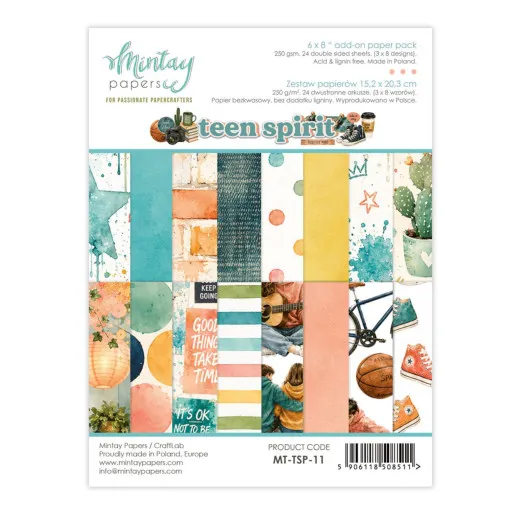 Verpackung des 6x8 Add-On Paper Pads 'Teen Spirit' mit Vorschau aller Papierdesigns in Petrol, Orange und Gelb.