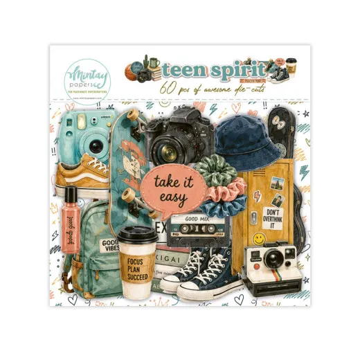 Verpackung der Teen-Spirit-Stanzteile mit Motiven wie Kamera, Sneaker, Rucksack und Skateboard.