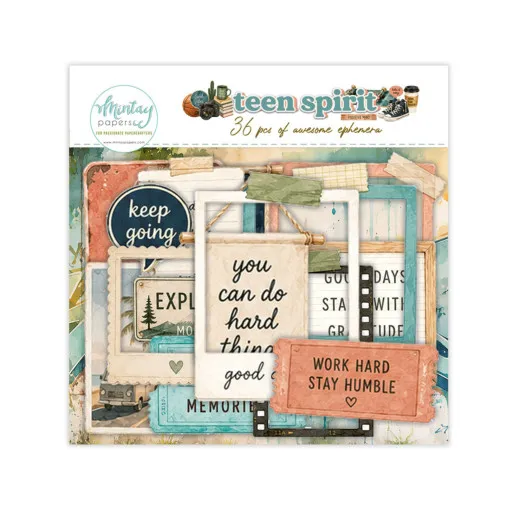 Verpackung des Teen-Spirit-Ephemera-Packs mit Fotorahmen, Wimpeln und Sprüchen wie 'You can do hard things'.