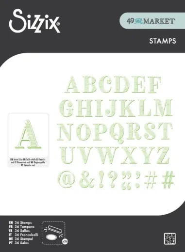 Verpackungsfoto des vollständigen strukturierten Alphabet-Stempelsets samt Satzzeichen in Grün.