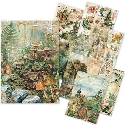 Übersicht aller 8 Reispapier-Bögen im Design „The Nature Journal“ mit Wald-, Pilz- und Tiermotiven