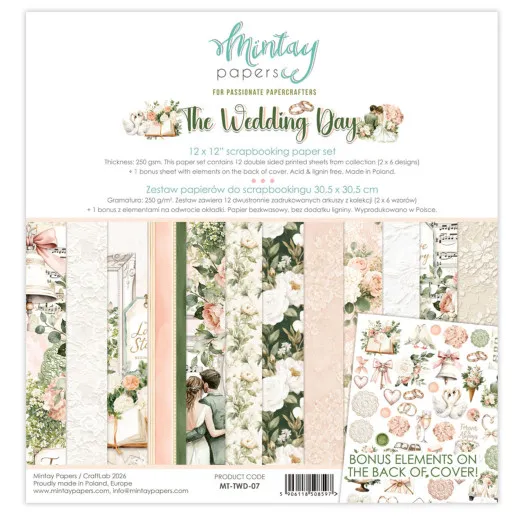 Verpackung des 12x12 Paper Pads 'The Wedding Day' mit Vorschau aller Papierdesigns und Bonuselementen auf der Rückseite.
