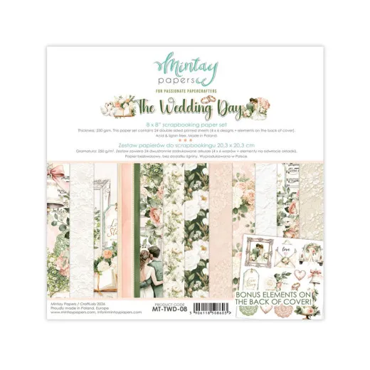 Verpackung des Mintay The Wedding Day 8x8 Paper Pads mit Musterseiten in Creme, Rosa und Salbeigrün und Hochzeitsmotiven