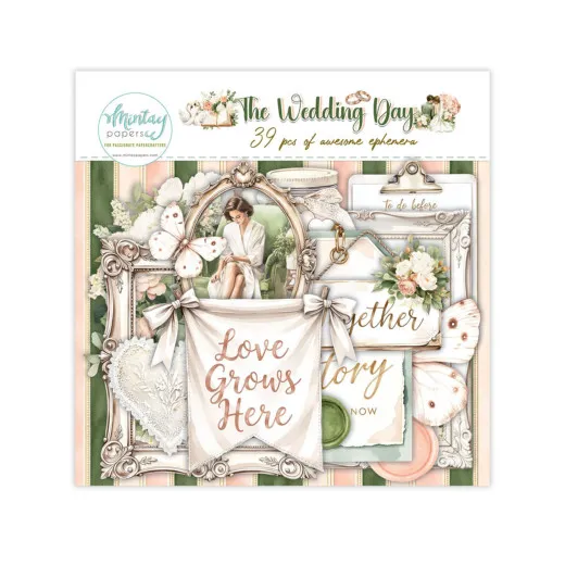 Verpackung des Wedding-Day-Ephemera-Packs mit Fotorahmen, Schmetterlingen und dem Banner 'Love Grows Here'.