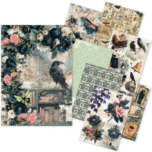 Übersicht aller 8 Reispapier-Bögen im Design „The Witch's Grimoire“ mit gotischen Raben-, Blumen- und Zauberbuch-Motiven