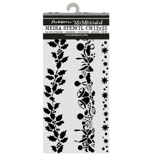 Stamperia MixMediaArt Schablone 12x25 cm mit drei Bordürenstreifen: Stechpalme, Blumen mit Glocken und Sterne.