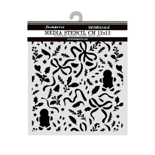 Stamperia MixMediaArt Schablone 12x12 cm mit Motiven aus Schleifen, Stechpalmenblättern und Lebkuchenmännchen.