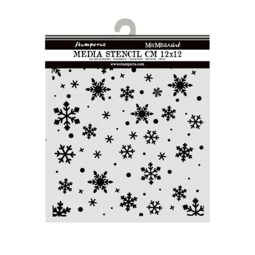 Stamperia MixMediaArt Schablone 12x12 cm mit gestreutem Schneeflocken-Muster.