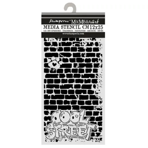 Stamperia Schablone 12x25 cm in Verpackung mit Ziegelmauer und Cool-Street-Schriftzug