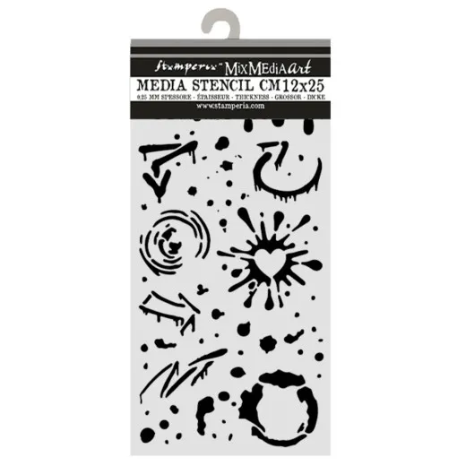 Stamperia Schablone 12x25 cm in Verpackung mit Farbspritzern, Pfeilen, Kreisen und Herz