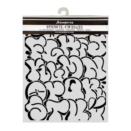 Stamperia Schablone 20x25 cm in Verpackung mit flächigen Bubble-Graffiti-Buchstaben