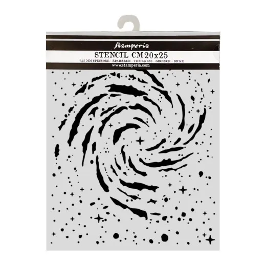 Stamperia Schablone 20x25 cm in Verpackung mit Spiralgalaxie und Sternen