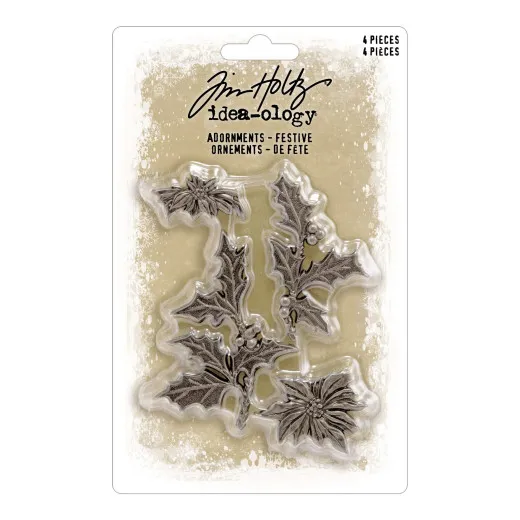Tim Holtz Idea-Ology Adornments Festive, 4 Metallverzierungen mit Stechpalme und Poinsettia-Blüten in Silber