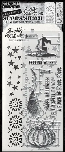 Tim Holtz Mixed-Media Stempel- und Schablonen-Set Blueprint Spells mit Halloween Motiven