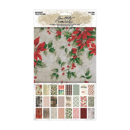 Tim Holtz Idea-Ology Christmas Backdrops Packung mit 24 doppelseitig bedruckten Papierbögen, Weihnachtsmotiven mit Stechpalme und Beeren