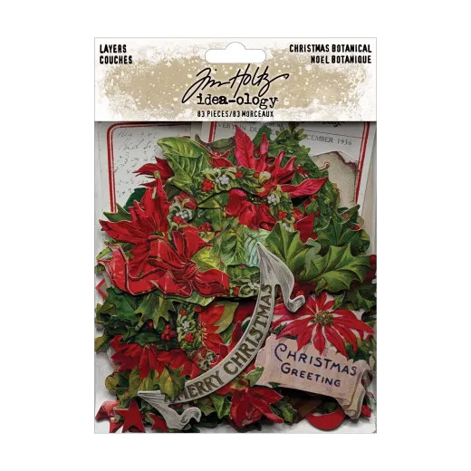 Tim Holtz Idea-Ology Christmas Botanical Die-Cuts Set, 83 Teile mit roten Poinsettien, grünen Blättern und Vintage-Etiketten in Packung