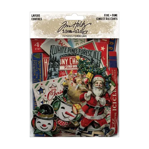 Tim Holtz Idea-Ology Layers Five Dime Christmas Die-Cuts Verpackung mit 73 Teilen, Vintage Weihnachtsmotiven und Retro-Design