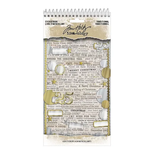Tim Holtz Idea-Ology Christmas Sticker Book Traditional mit 458 Stickern in Buch-Form, Spiralbindung, beige-cremefarbenes Design mit nostalgischen Weihnachtsmotiven