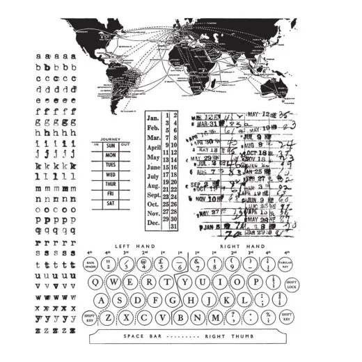 Tim Holtz Cling Stamps Documented Set mit sechs vintage Gummistempeln inklusive Weltkarte und Schreibmaschinentasten