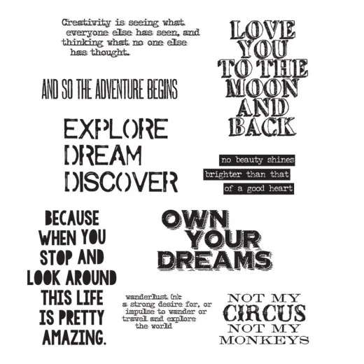 Tim Holtz Cling Stamps Life Quotes Stempelset mit neun Spruchmotiven auf weißem Hintergrund